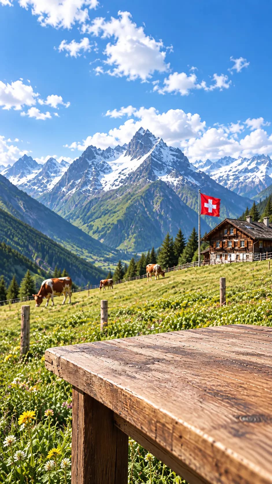 Swiss alpine pasture with grazing cows, a farmhouse and the national flag
